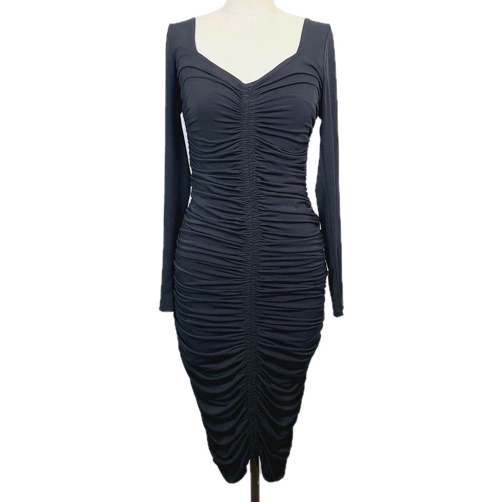 Rachel Parcell‎ Black Stretch Ruched Bodycon Long Sleeve Midi Dress S